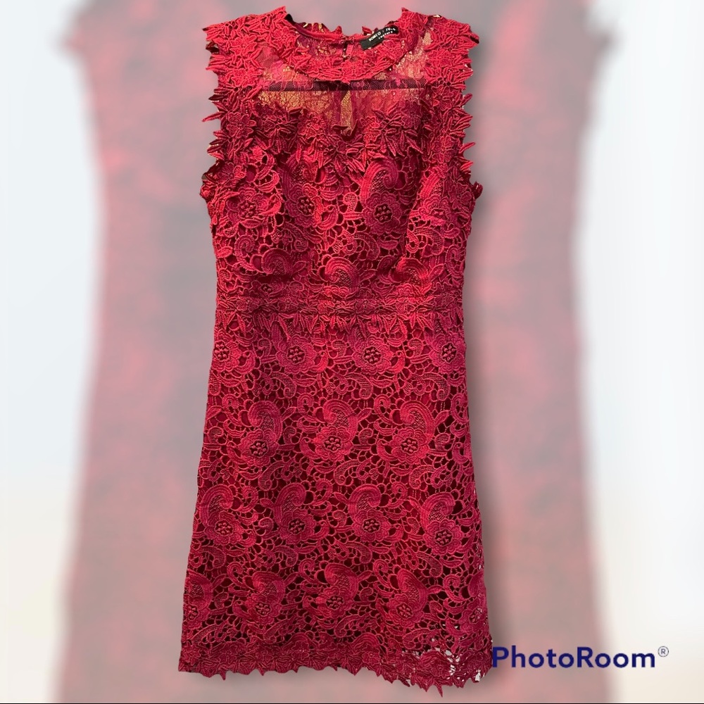 🐥 2/$30 Romeo & Juliet couture burgundy crocheted lace fitted cocktail dress